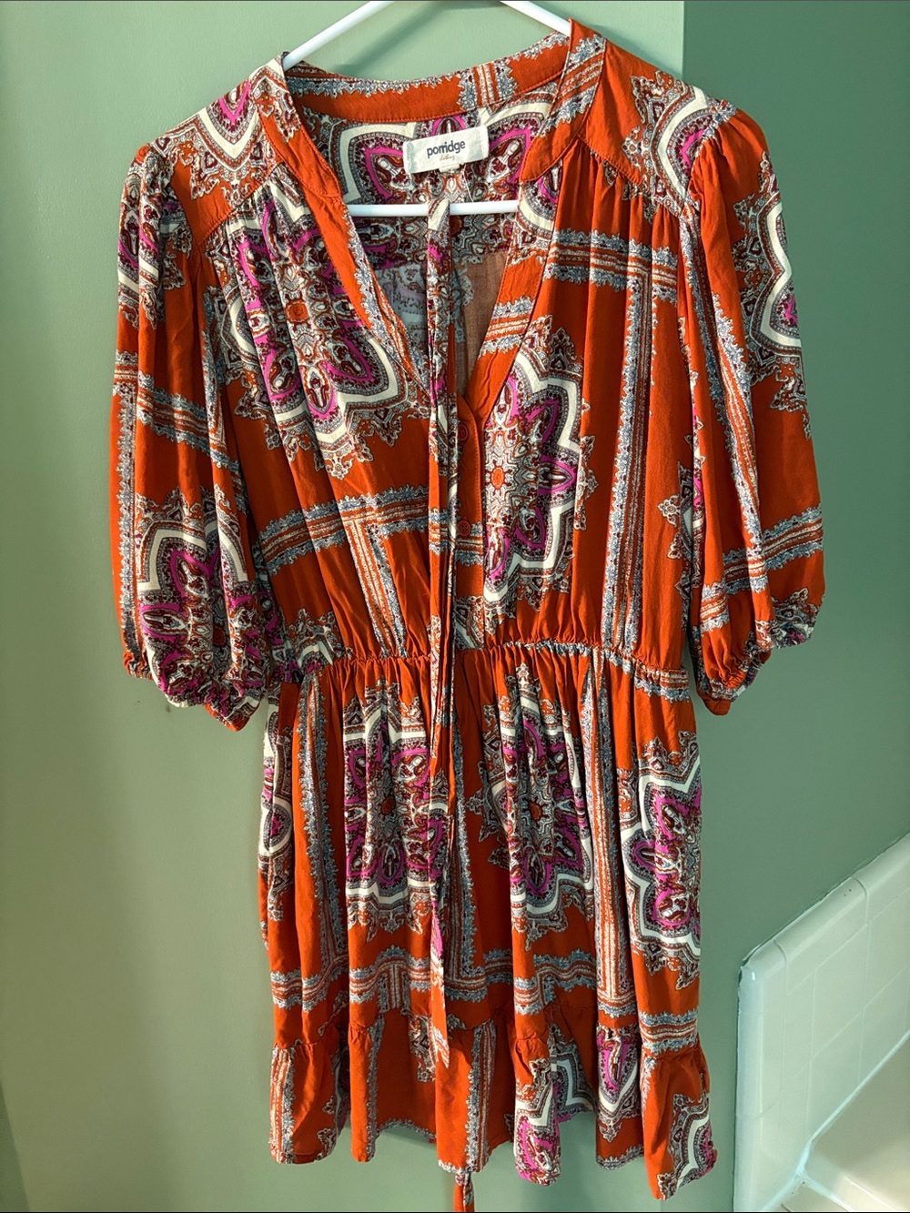 Anthropologie Orange and Pink Paisley Tiered Mini Dress with tie waist belt